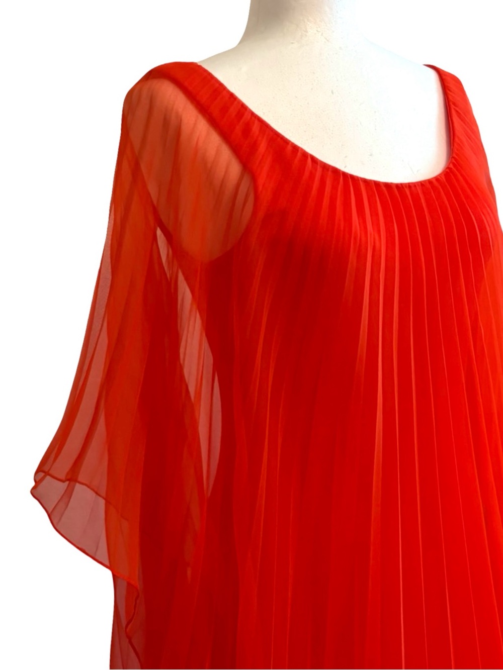 Vintage | Bright Orange Red Pleated Chiffon Goddess Dress - Picture 9 of 16